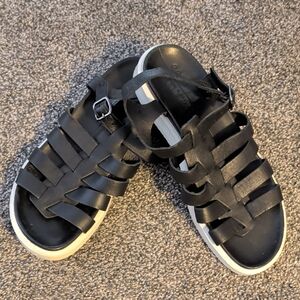 Ecco Black Leather Strappy Sandals with Cream Textured Sole